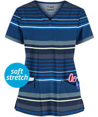 Butter-Soft Stripe Me Navy Women's 4-Pocket Rounded V-Neck Print Scrub Top