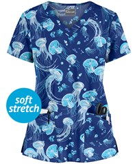 Butter-Soft Serene Waters Galaxy Blue Women's 4-Pocket Rounded V-Neck Print Scrub Top