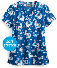 Butter-Soft Unicorn Dance Royal Women's 4-Pocket Rounded V-Neck Print Scrub Top