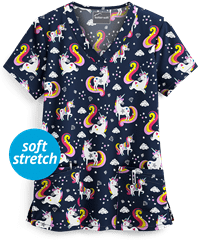 Butter-Soft Unicorn Dance Navy Women's 4-Pocket Rounded V-Neck Print Scrub Top