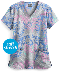 Butter-Soft Watercolor Tapestry Silver Women's 4-Pocket Rounded V-Neck Print Scrub Top