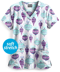 Butter-Soft Cascading Ornaments White Printed Women's 4-Pocket Rounded V-Neck Scrub Top