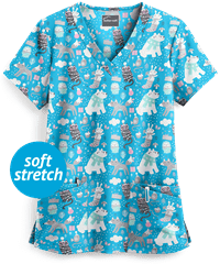 Butter-Soft Winter Pals Turquoise Women's 4-Pocket Rounded V-Neck Print Scrub Top