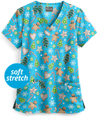 Butter-Soft Winter Treats Turquoise Women's 4-Pocket Rounded V-Neck Print Scrub Top