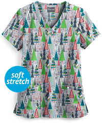 Butter-Soft Wintertime Silver Rounded Women's 4-Pocket V-Neck Print Scrub Top