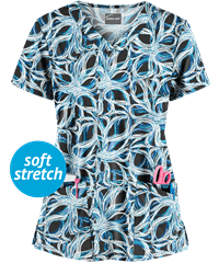 Butter-Soft Whispering Vines Black Printed Women's 4-Pocket Rounded V-Neck Scrub Top