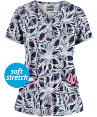 Butter-Soft Whispering Vines Navy Women's 4-Pocket Rounded V-Neck Print Scrub Top