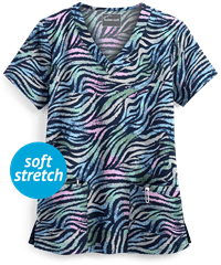 Butter-Soft Watercolor Zebra Navy Women's 4-Pocket Rounded V-Neck Print Scrub Top