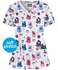 UA Butter-Soft Yard Friends White Printed Women's 4-Pocket Rounded V-Neck Scrub Top