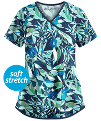 Easy STRETCH by Butter-Soft™ Tropical Floral Women's 4-Pocket Crossover Front Print Scrub Top