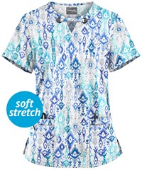 UA Butter-Soft STRETCH Cascading Ikat Amparo Blue Women's 4-Pocket Large Grommet Print Scrub Top