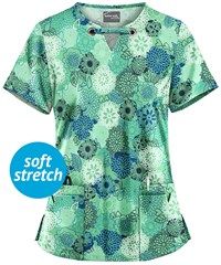 UA Butter-Soft STRETCH Danish Floral Green Jade Women's 4-Pocket Large Grommet Print Scrub Top