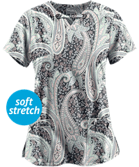 UA Butter-Soft STRETCH Floral Paisley Pewter Women's 4-Pocket Large Grommet Print Scrub Top