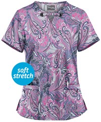 UA Butter-Soft STRETCH Vienna Paisley Silver Women's 4-Pocket Large Grommet Print Scrub Top