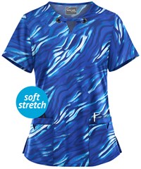 UA Butter-Soft STRETCH Wild Striped Amparo Blue Women's 4-Pocket Large Grommet Print Scrub Top