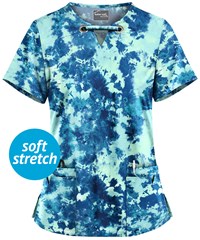 UA Butter-Soft STRETCH Watercolor Splash Aqua Moon Women's 4-Pocket Large Grommet Print Scrub Top