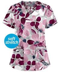 UA Butter-Soft STRETCH Bora Bora Wine Women's 4-Pocket Criss Cross Print Scrub Top