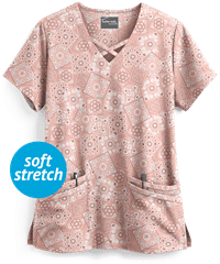 UA Butter-Soft STRETCH Bandana Paisley Pale Mauve Women's 4-Pocket Criss Cross Print Scrub Top