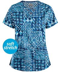 UA Butter-Soft STRETCH Dondo Patchwork Navy Women's 4-Pocket Criss Cross Print Scrub Top