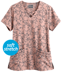UA Butter-Soft STRETCH Floral Vines Pale Mauve Women's 4-Pocket Criss Cross Print Scrub Top