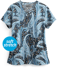 UA Butter-Soft STRETCH Floral Paisley Black Printed Women's 4-Pocket Criss Cross Scrub Top