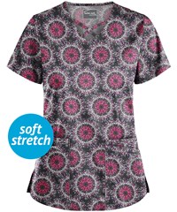 UA Butter-Soft STRETCH Splash of Geo Pewter Women's 4-Pocket Criss Cross Print Scrub Top