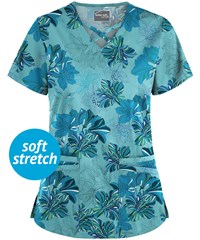 UA Butter-Soft STRETCH Garden Lilies Aqua Moon Women's 4-Pocket Criss Cross Print Scrub Top