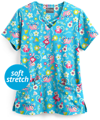 UA Butter-Soft STRETCH Lemur Love Turquoise Women's 4-Pocket Criss Cross Print Scrub Top