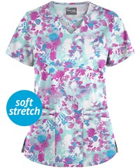 UA Butter-Soft STRETCH Mystic Floral Aqua Moon Women's 4-Pocket Criss Cross Print Scrub Top