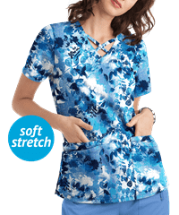 UA Butter-Soft STRETCH Mystic Floral Navy Women's 4-Pocket Criss Cross Print Scrub Top