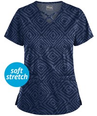 UA Butter-Soft STRETCH Tie-Dye Tiles Navy Women's 4-Pocket Criss Cross Print Scrub Top