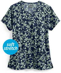 UA Butter-Soft STRETCH Floral Vines Navy Women's 4-Pocket Criss Cross Print Scrub Top