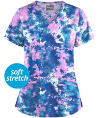 UA Butter-Soft STRETCH Watercolor Splash Orchid Women's 4-Pocket Criss Cross Print Scrub Top