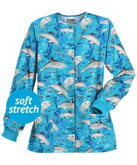 Butter-Soft Bahama Bay Turquoise Women's 2-Pocket Warm Up Print Scrub Jacket