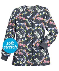 Butter-Soft Dragonfly Garden Pewter Women's 2-Pocket Warm Up Print Scrub Jacket