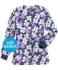 Butter-Soft Floral Elegance Navy Women's 2-Pocket Warm Up Print Scrub Jacket
