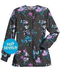 Butter-Soft Floral Splash Pewter Women's 2-Pocket Warm Up Print Scrub Jacket