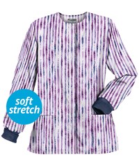 Butter-Soft Geometric Stripes White Printed Women's 2-Pocket Warm Up Scrub Jacket