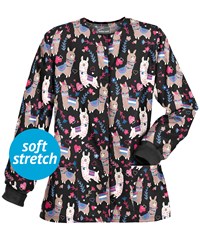 Butter-Soft Llama Party Black Printed Women's 2-Pocket Warm Up Scrub Jacket