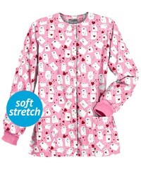 Butter-Soft Lovable Pets Ballet Pink Women's 2-Pocket Warm Up Print Scrub Jacket