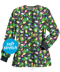 Butter-Soft Pewter Holiday Lights Women's 2-Pocket Warm Up Print Scrub Jacket