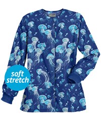Butter-Soft Serene Waters Galaxy Blue Women's 2-Pocket Warm Up Print Scrub Jacket