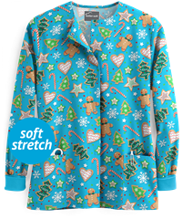 Butter-Soft Winter Treats Turquoise Women's 2-Pocket Warm Up Print Scrub Jacket