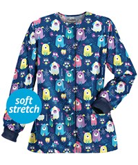Butter-Soft Yard Friends Navy Women's 2-Pocket Warm Up Print Scrub Jacket