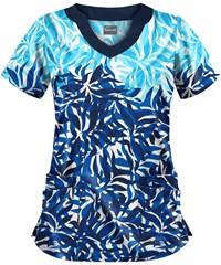 Butter-Soft Abstract Floral Turquoise Women's 4-Pocket Scallop Neck Print Scrub Top