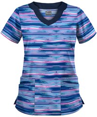 Butter-Soft Flourishing Stripes Navy Women's 4-Pocket Scallop Neck Print Scrub Top