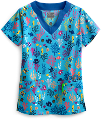 Butter-Soft Keep Swimming Turquoise Women's 4-Pocket Scallop Neck Print Scrub Top