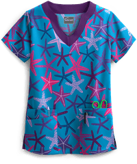 Butter-Soft Lucky Star Riviera Blue Women's 4-Pocket Scallop Neck Print Scrub Top