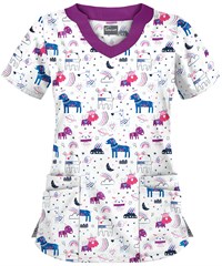 Butter-Soft Puppicorn Play White Printed Women's 4-Pocket Scallop Neck Scrub Top