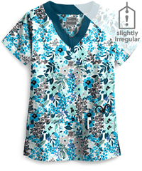 Butter-Soft Blooming Flowers White Printed Women's Scallop Neck Scrub Top **Slightly IRREGULAR**